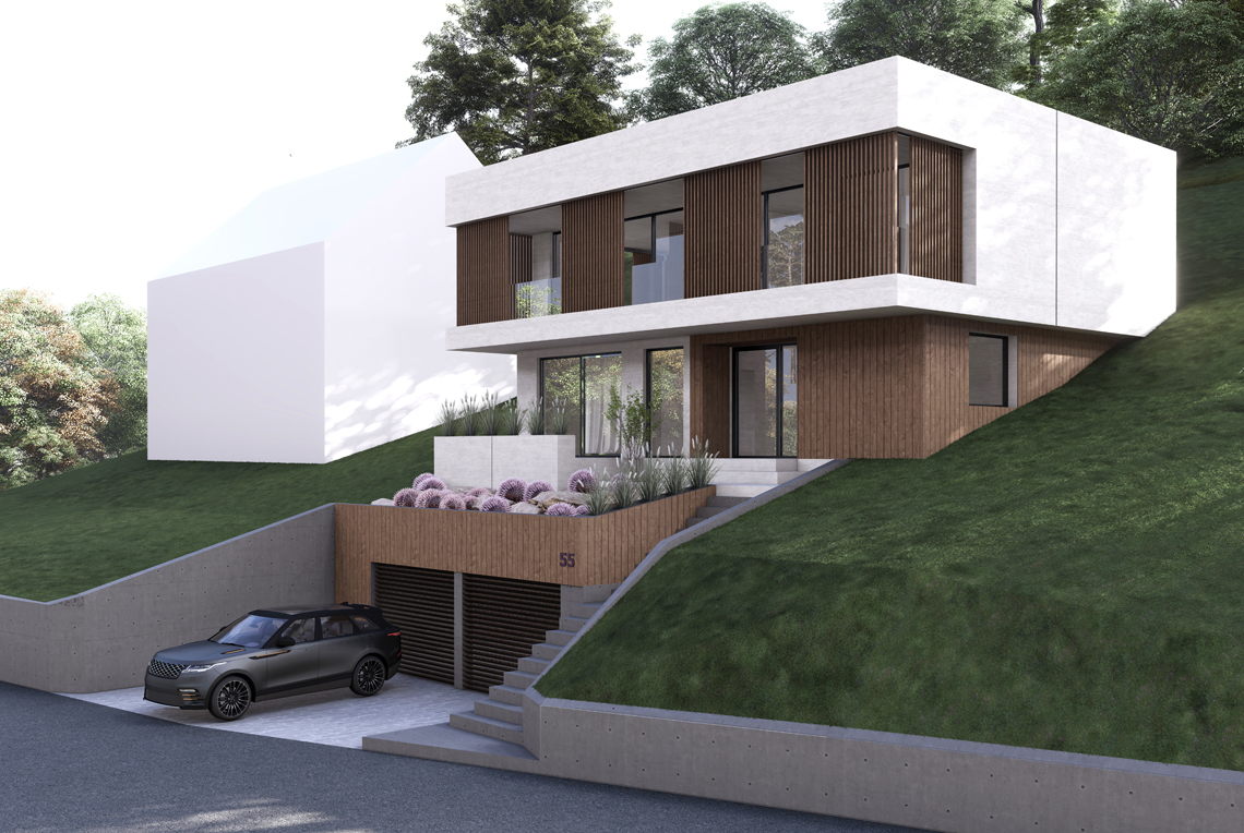 Konzeptstudien für ein Haus am Hang mit klassischer Visualisierung, entwickelt aus einem 3D-Gebäudemodell (Entwurf/Visu: M. Yavuz)