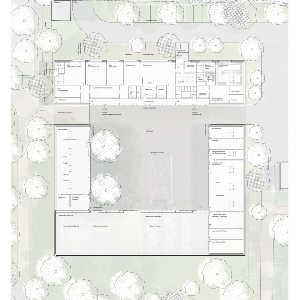 Abbildung: Neubau eines zentralen Betriebshofes auf dem Gelände des Hauptfriedhofes Mannheim – Wettbewerbsbetreuung Abbildung: Neubau eines zentralen Betriebshofes auf dem Gelände des Hauptfriedhofes Mannheim – Wettbewerbsbetreuung