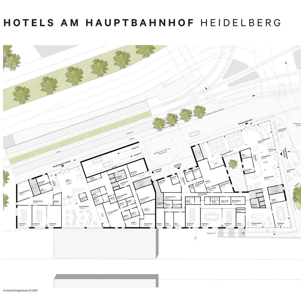 Abbildung: Realisierung Hotel und Beherbergungsstätte am HBF Heidelberg inkl. Ideenteil der Stadt Heidelberg für den „Stadtbalkon“ mit Fahrradparkhaus – Wettbewerbsbetreuung