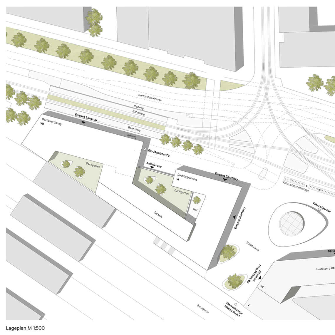 Abbildung: Realisierung Hotel und Beherbergungsstätte am HBF Heidelberg inkl. Ideenteil der Stadt Heidelberg für den „Stadtbalkon“ mit Fahrradparkhaus – Wettbewerbsbetreuung